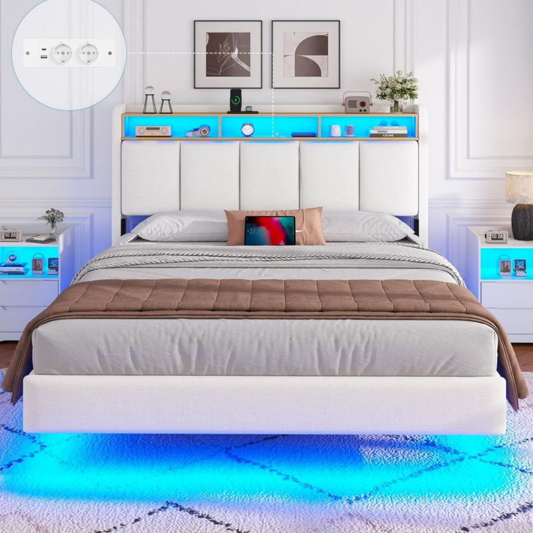 Lit Coffre avec Rangement 140 x 200 cm, Metal Blanc